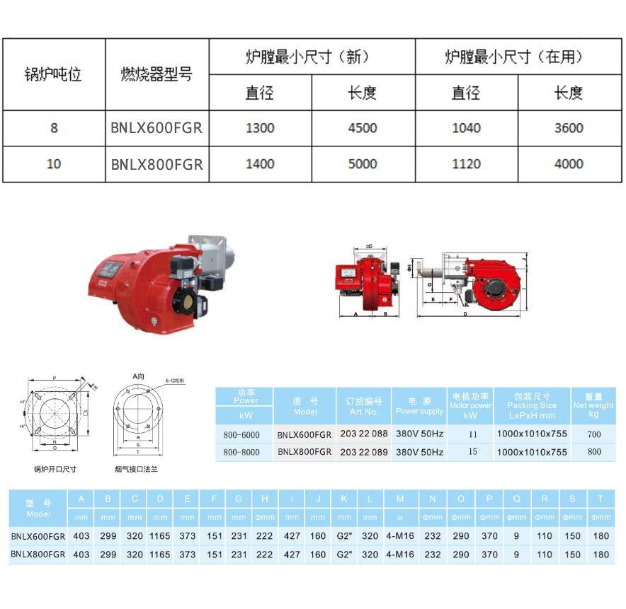 BNLX600~800型分體式低氮燃燒器參數
